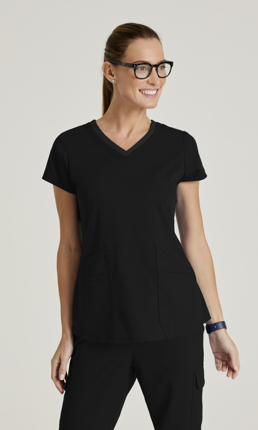 Women  TOP  GRST194X  Greys Anatomy Spandex Stretch Womens 4 Pocket Two-Toned V-neck Top